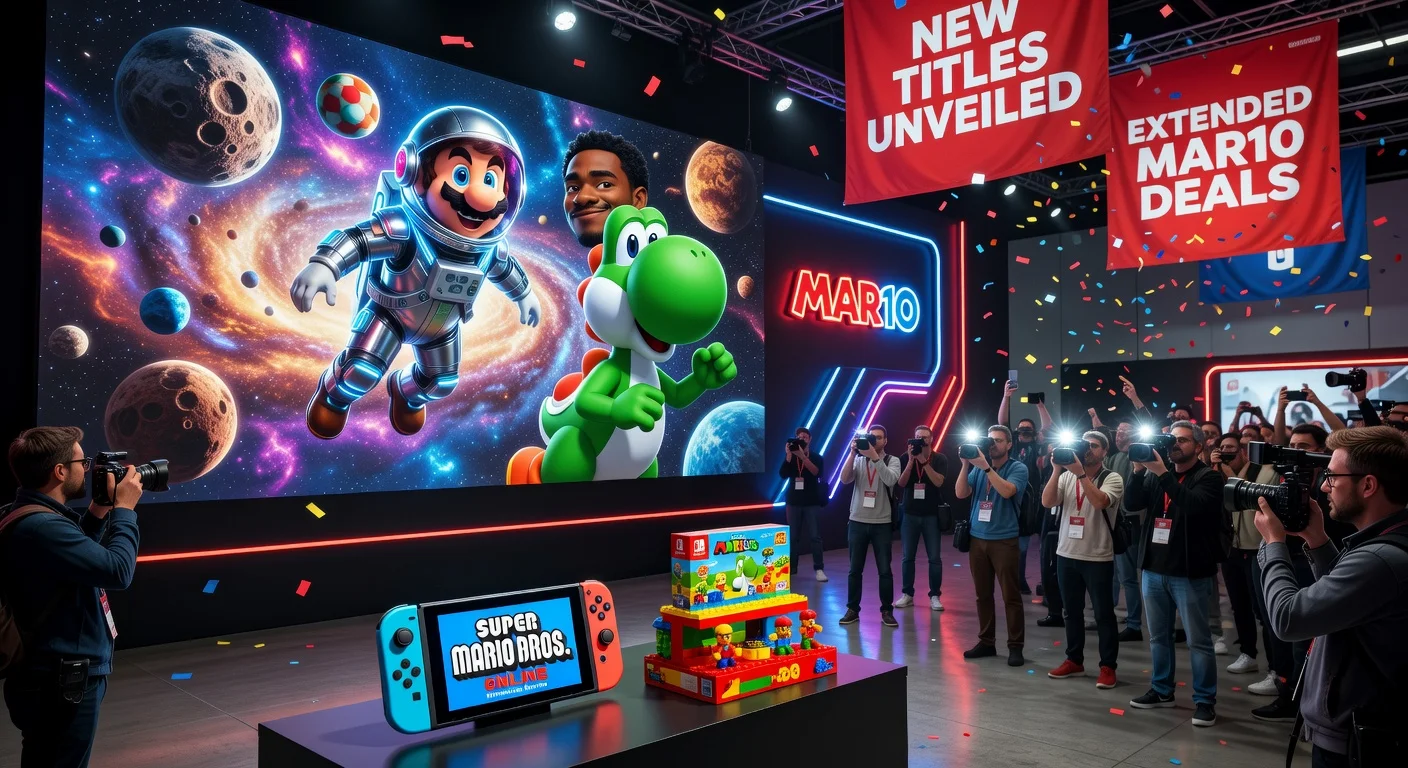 Photorealistic illustration depicting Mario Day 2026 highlights: Super Mario Galaxy movie trailer, classic game launches, new LEGO sets, and promotions at a Nintendo event.