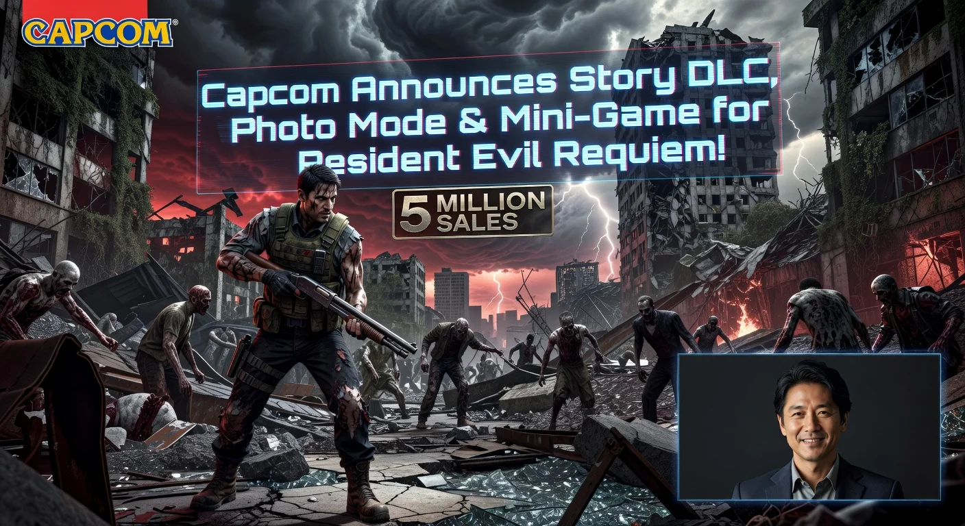 Photorealistic illustration depicting Capcom's Resident Evil Requiem DLC announcement with horror game elements, sales milestone, and director's video message.