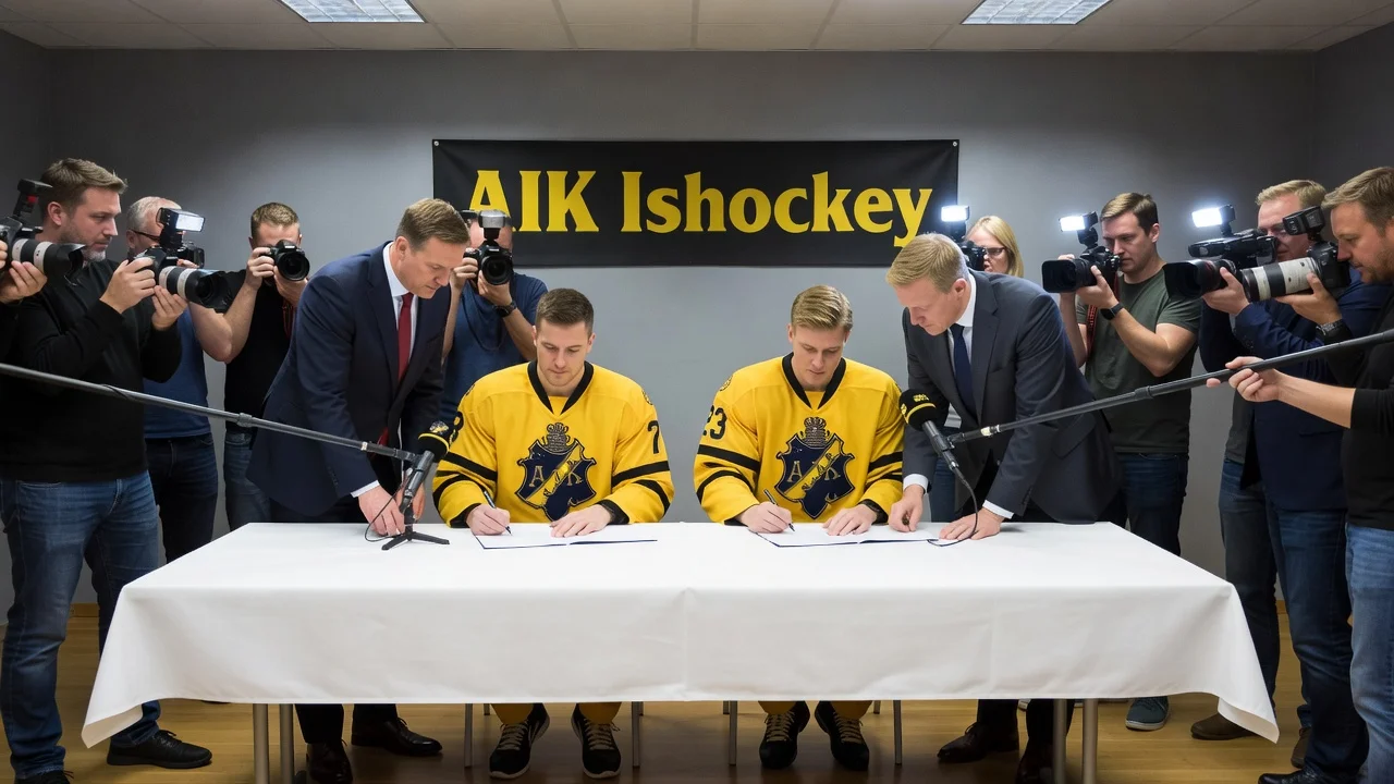 Press conference photo showing AIK signing two new hockey players for the upcoming season.