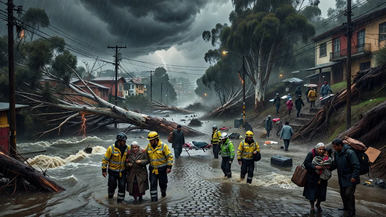 Storm damage in Chile with power outages and flooding in Valparaíso.