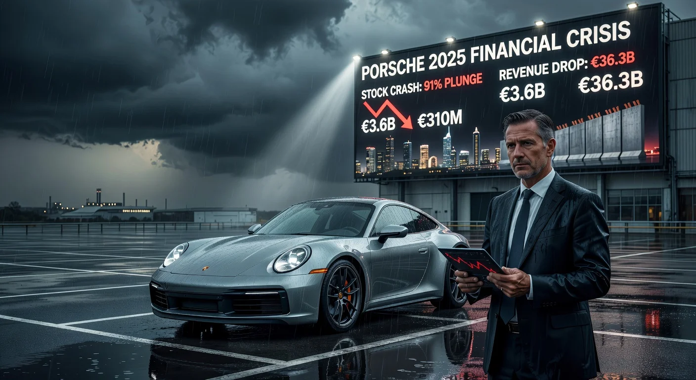 Realistic illustration depicting a Porsche sports car in a rainy lot amid financial decline charts, symbolizing the company's 91% profit drop in 2025.