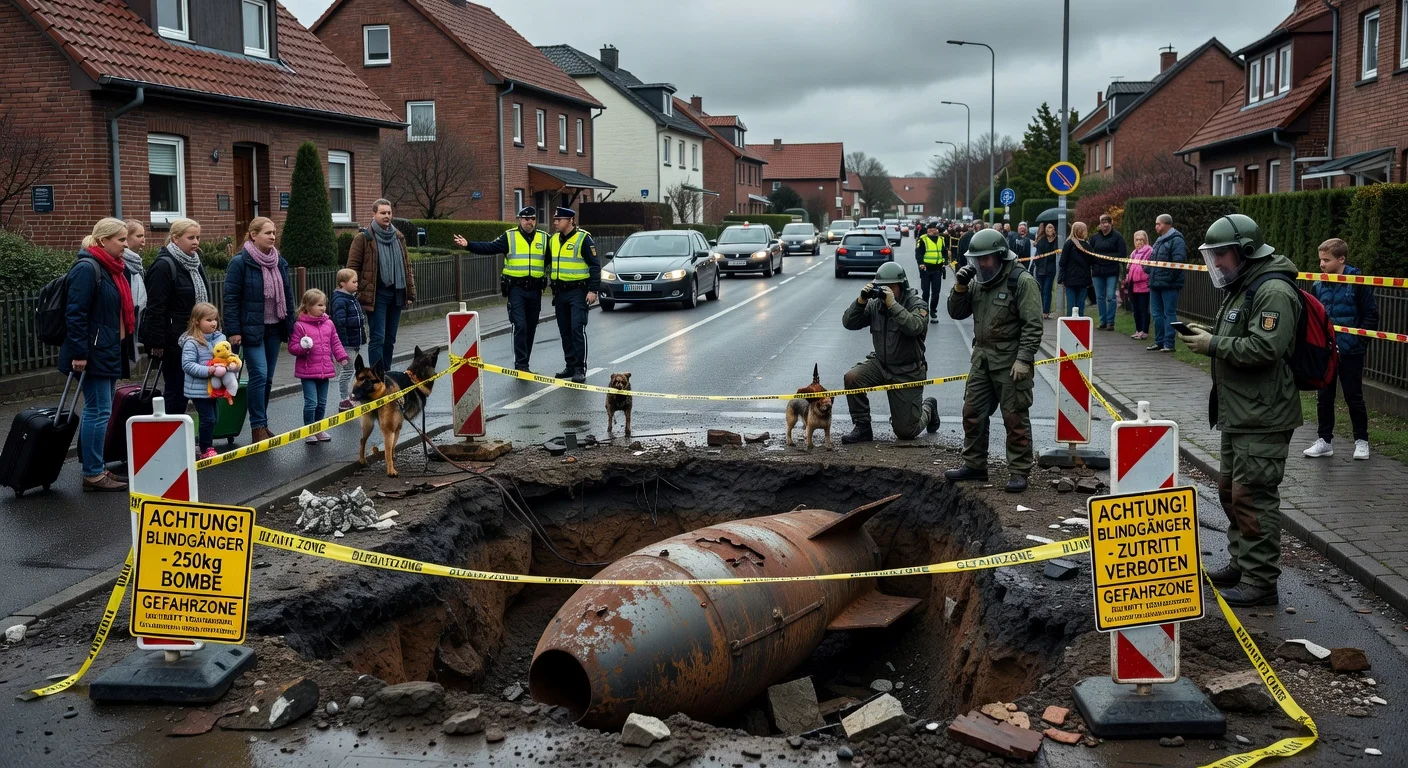 Residents evacuating Kiel neighborhood due to discovery of a 250kg WWII bomb during construction, ahead of controlled defusal.