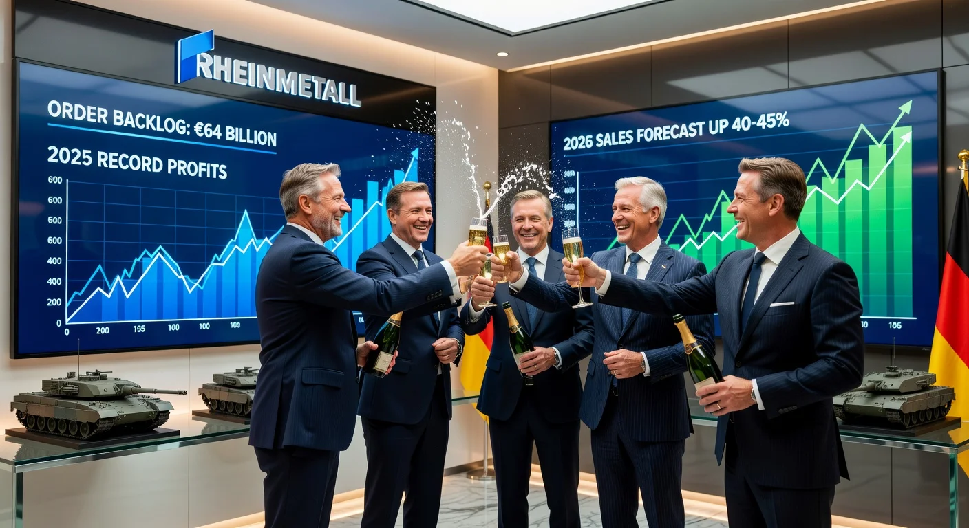 Executives at Rheinmetall celebrate record €64 billion order backlog and raised sales forecast in a modern boardroom.