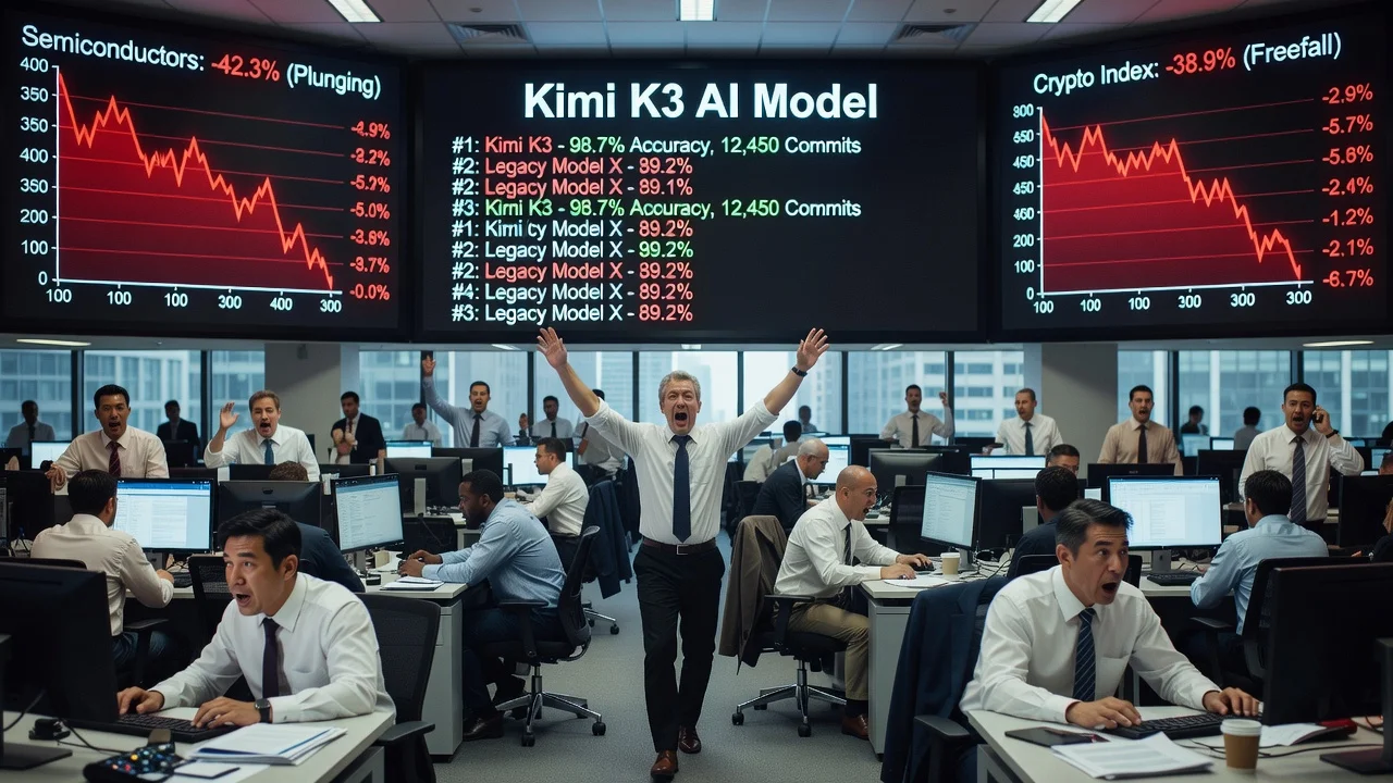 Illustration of Moonshot AI's Kimi K3 topping benchmarks while triggering a selloff in stocks and crypto.