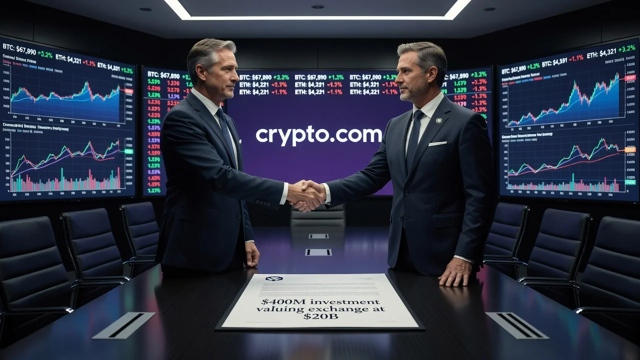 Executives shaking hands over a $400 million crypto investment deal in a modern boardroom with financial charts displayed.