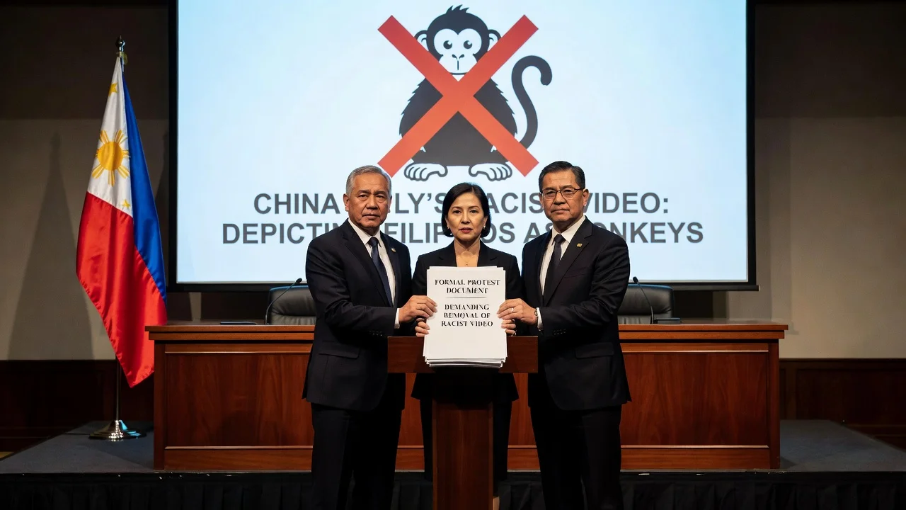 Philippine officials at a press conference protesting China Daily racist video