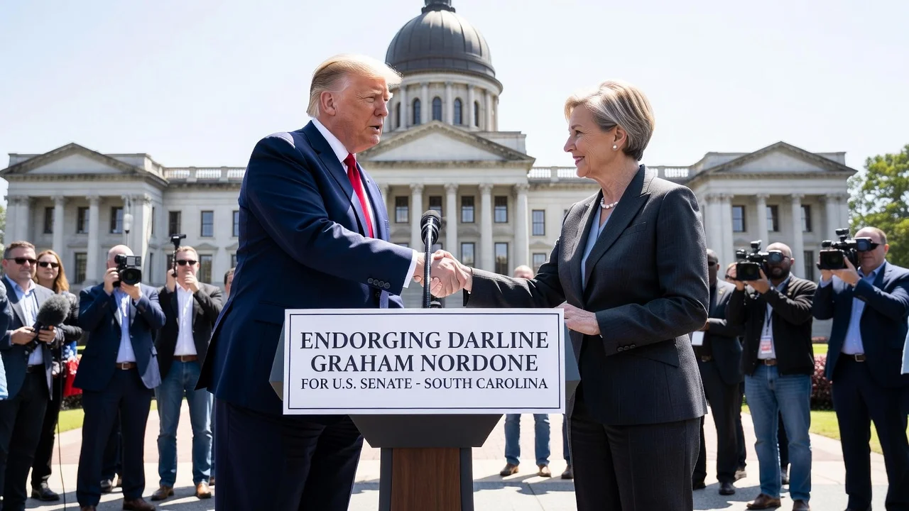 Donald Trump endorsing Darline Graham Nordone for South Carolina Senate at a podium.