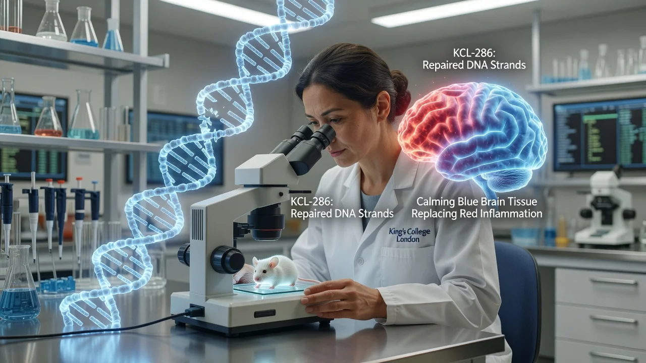 Scientist in lab studying mouse with DNA and brain inflammation overlays representing Alzheimer’s drug research.