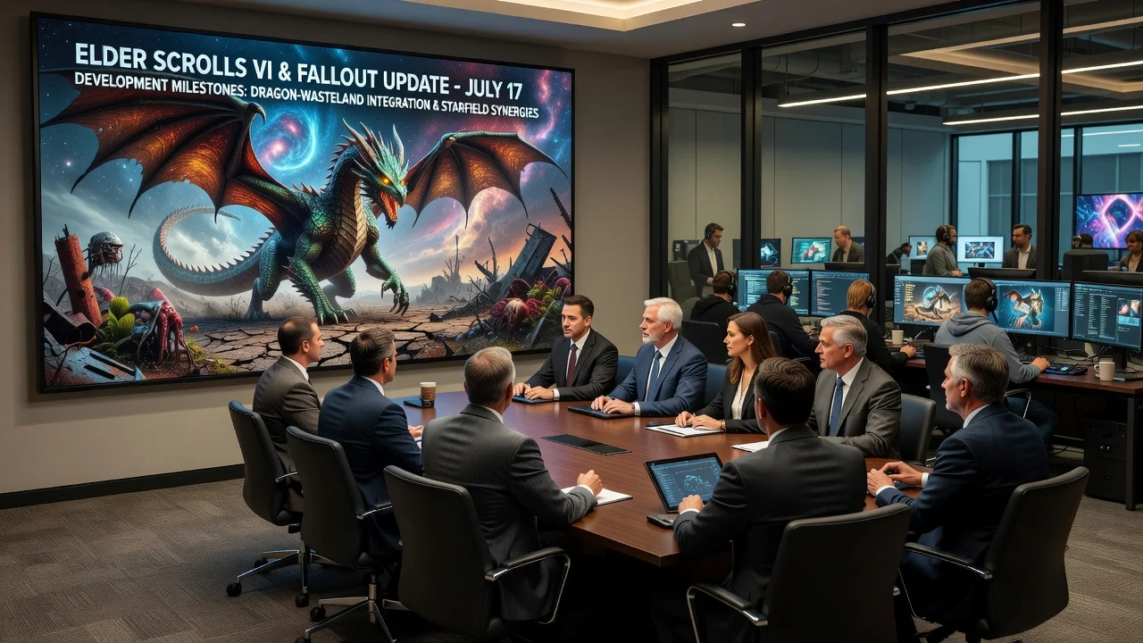 Photorealistic illustration of Bethesda Game Studios announcing Elder Scrolls 6 and Fallout project updates in a conference room setting.
