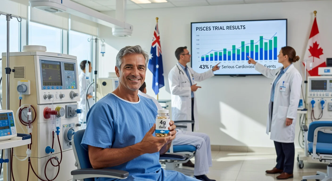 Illustration of hemodialysis patient with fish oil supplements and PISCES trial graph showing 43% reduction in cardiovascular events.