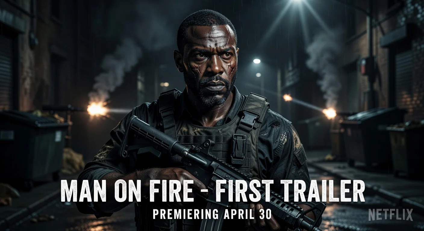 Dramatic realistic portrait of Yahya Abdul-Mateen II as John Creasy, the PTSD-afflicted mercenary in Netflix's upcoming 'Man on Fire' series trailer.