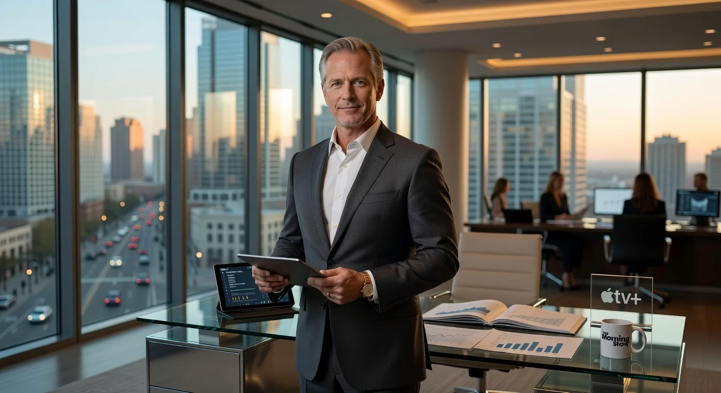 Jeff Daniels portrayed as self-made billionaire Lukas in a luxurious office, for The Morning Show season 5 casting announcement.