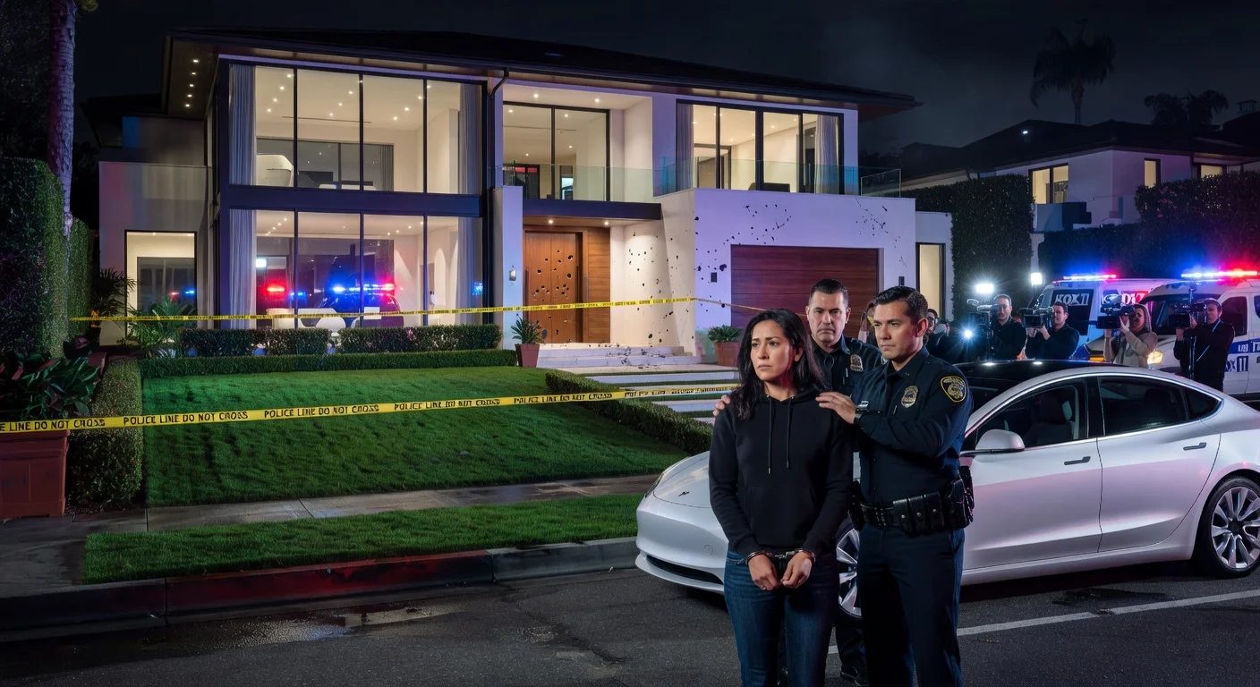 Police arresting a woman next to her white Tesla outside a bullet-riddled Beverly Hills mansion at night, following a shooting incident.