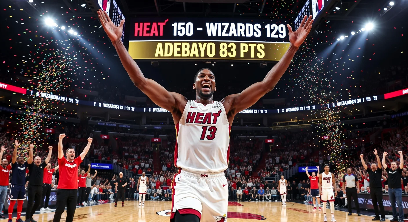 Bam Adebayo triumphantly celebrates his record 83-point NBA game for the Miami Heat's win over the Wizards.