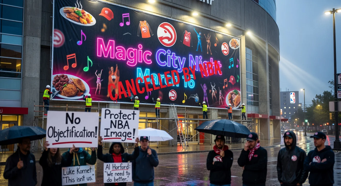State Farm Arena with workers removing a cancelled 'Magic City Night' promotional banner amid backlash protests, illustrating NBA's event cancellation.
