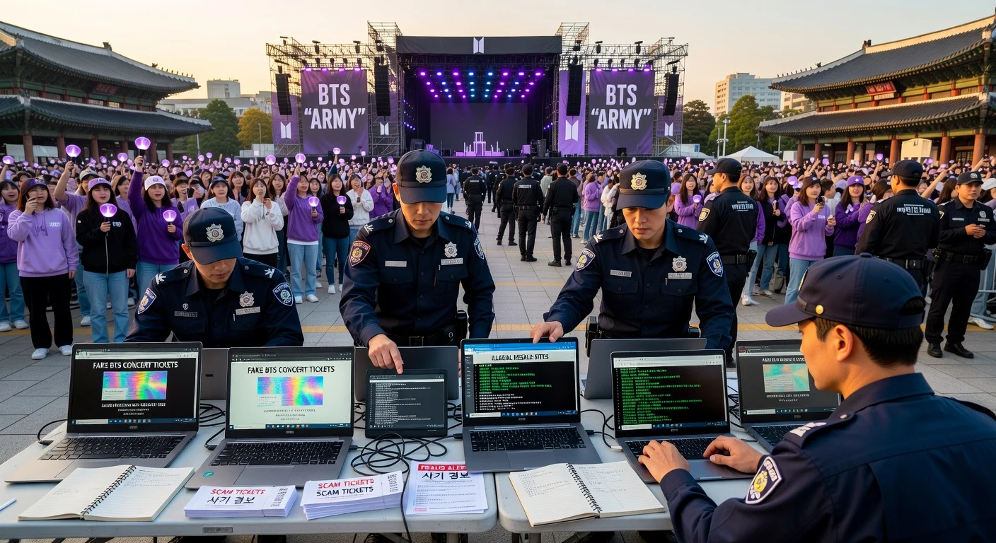 South Korean police probe BTS ticket scams at Gwanghwamun Square ahead of the group's 2026 comeback concert amid fan crowds and stage preparations.