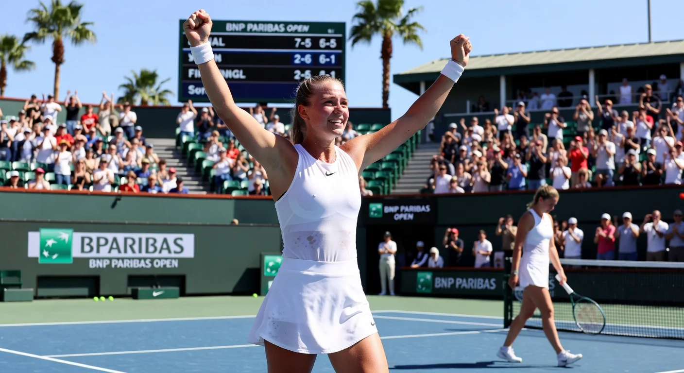 Talia Gibson celebrates her first top-10 win and WTA quarterfinal upset over Jasmine Paolini at Indian Wells Open.