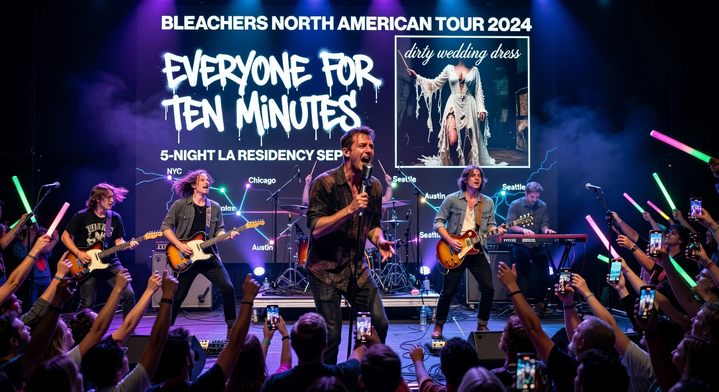 Bleachers band performing live on stage with tour and album announcement backdrop, illustrating their North American tour and new single news.