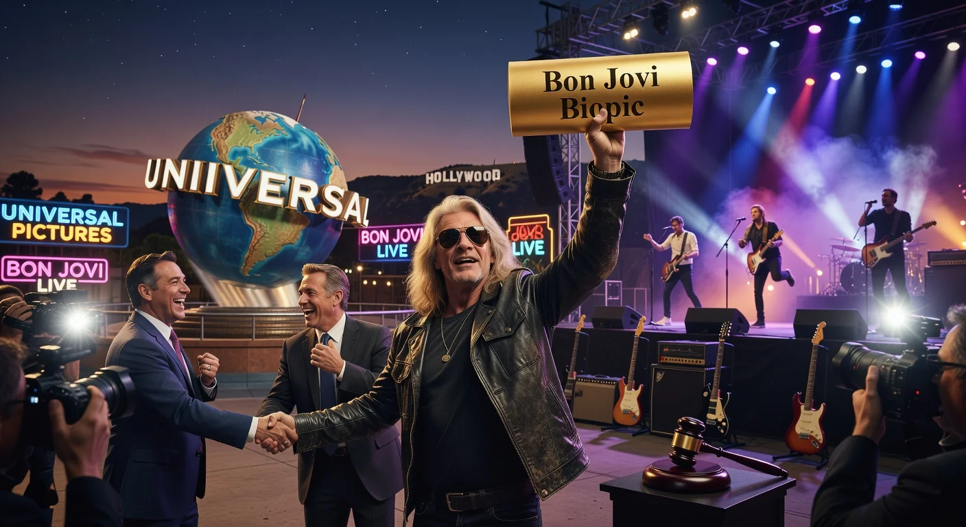 Jon Bon Jovi celebrates Universal Pictures' biopic rights win amid rock concert and Hollywood studio elements.