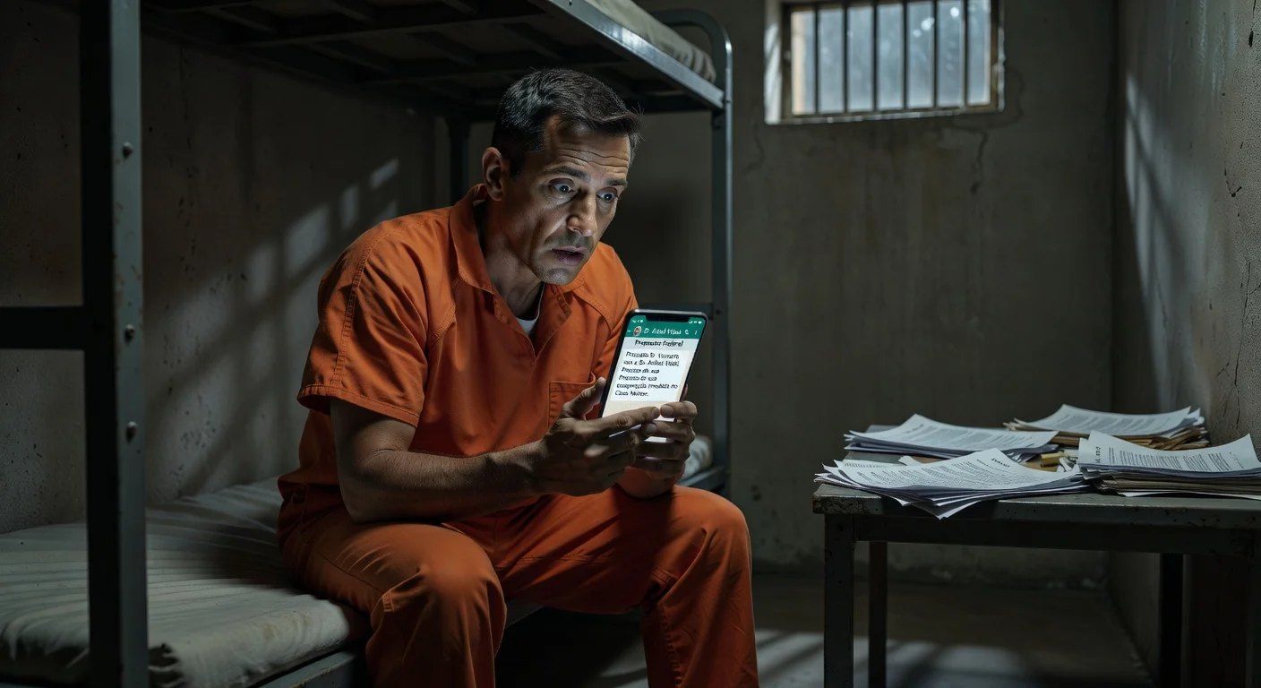 Illustration of detained banker Daniel Vorcaro in a prison cell, shocked while reading a scam WhatsApp message from a fake federal prosecutor 'Dr. Aníbal Vidal'.