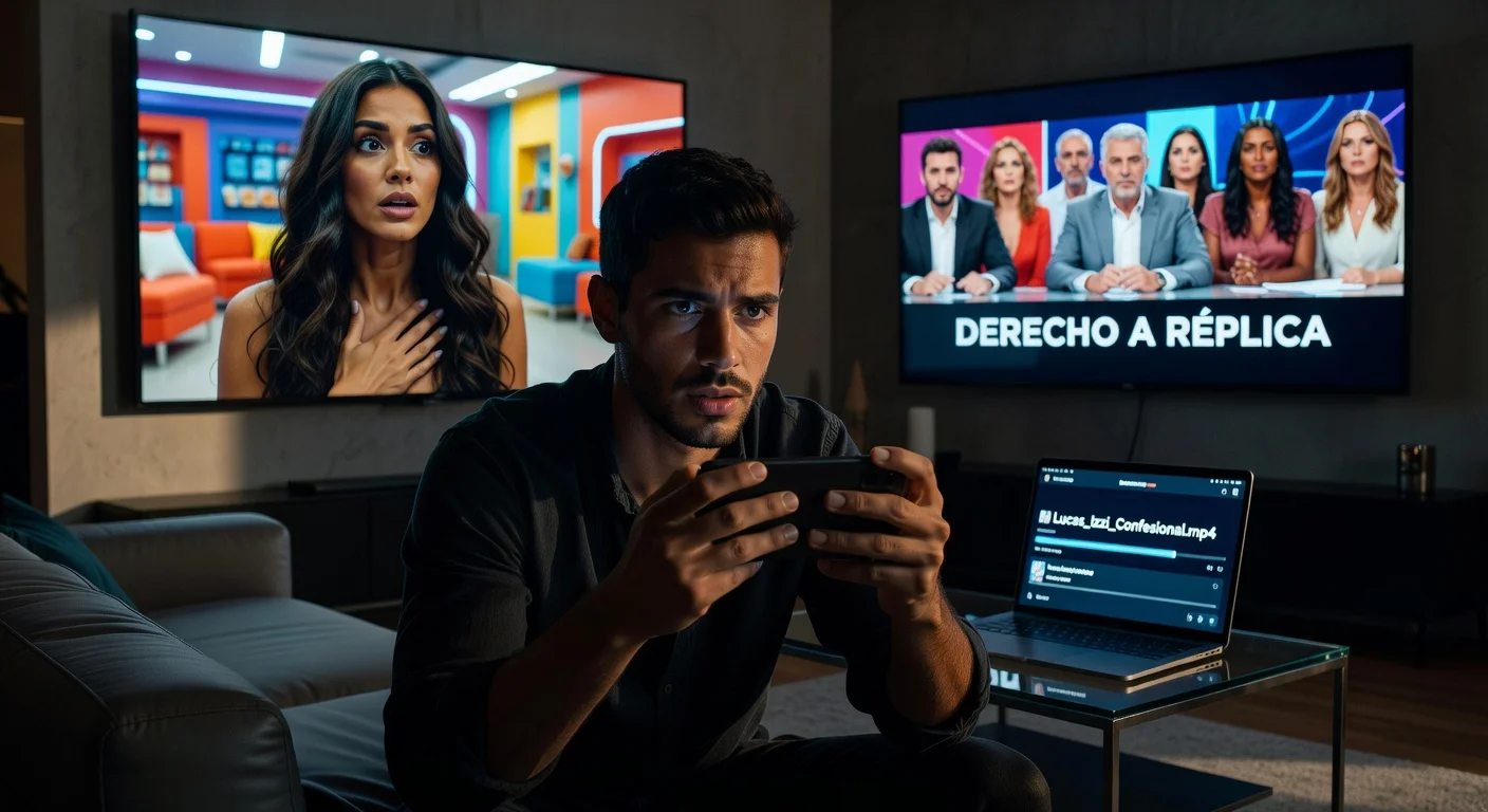 Illustration depicting Lucas Izzi recording a video statement about ex-girlfriend Luana from Gran Hermano 2026, with TV controversy in background.