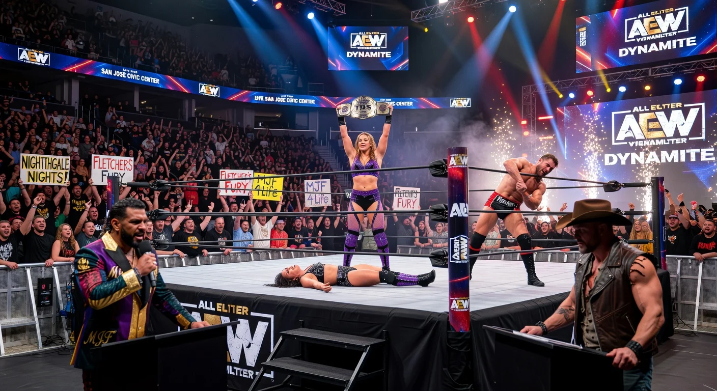 Realistic depiction of AEW Dynamite at San Jose Civic: title defenses by Willow Nightingale and Kyle Fletcher, plus MJF vs. Hangman Page press conference.
