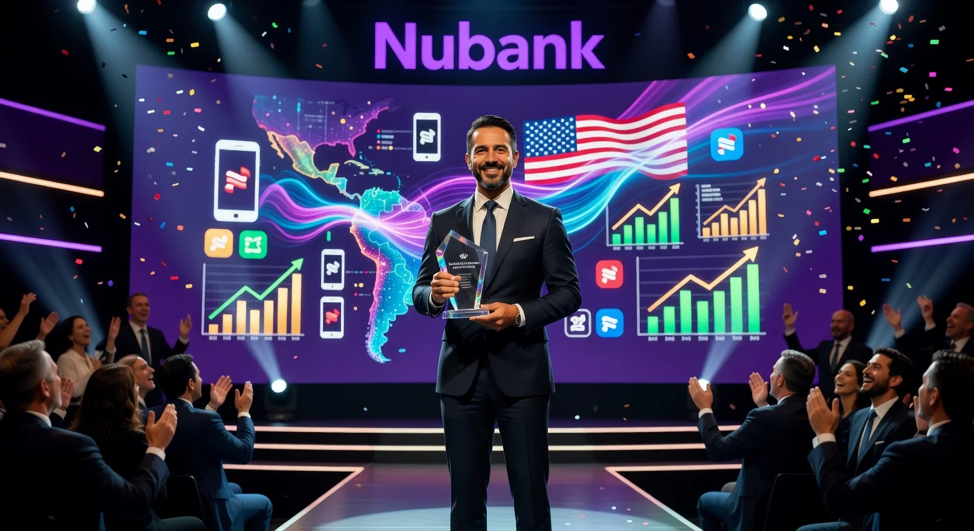 David Vélez Osorno receives Entrepreneur of the Year 2025 award on stage, Nubank digital banking expansion visuals in background.