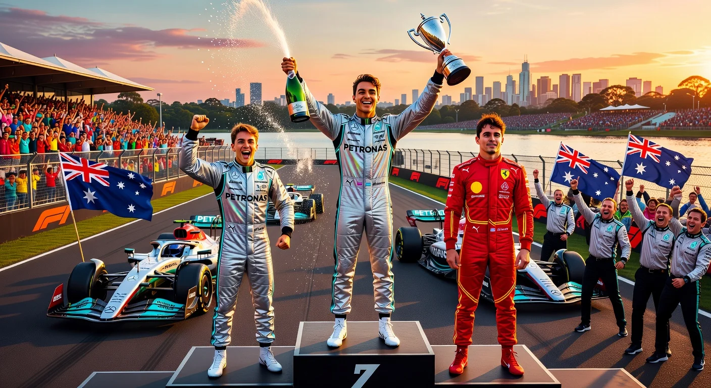 Mercedes' George Russell and Kimi Antonelli celebrate 1-2 podium finish at 2026 Australian Grand Prix, with Charles Leclerc third.