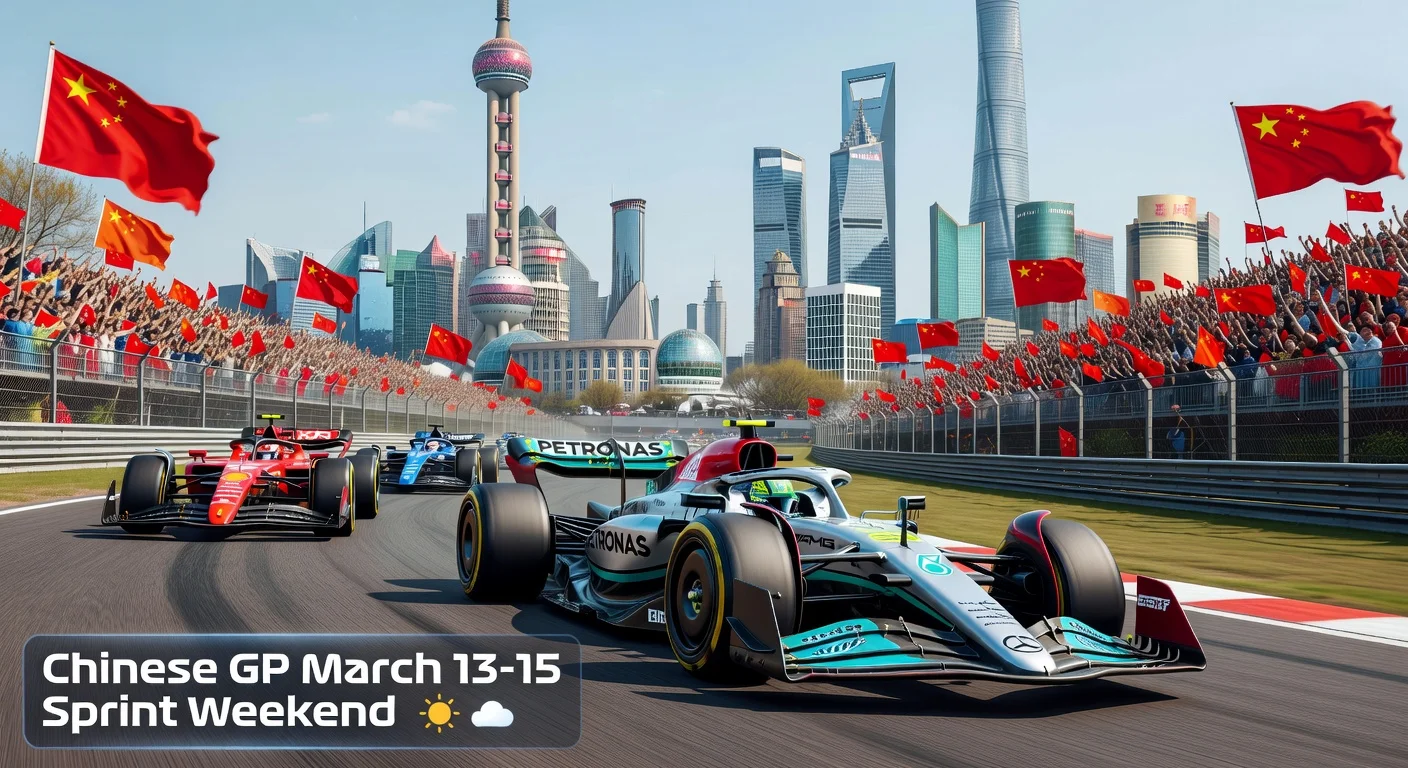 Dynamic F1 cars racing at Shanghai International Circuit, previewing the 2026 Chinese Grand Prix Sprint weekend.