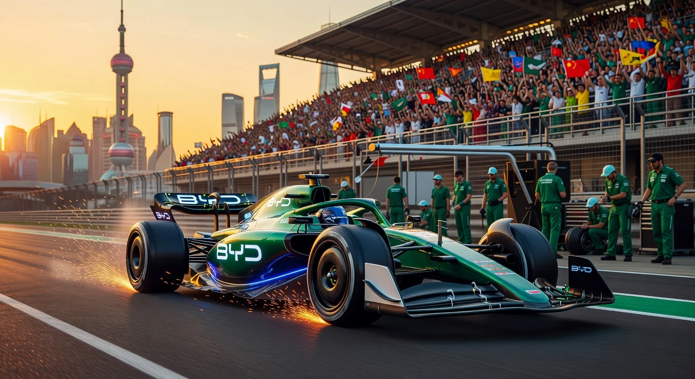 BYD-branded Formula 1 car speeding on racetrack, symbolizing the EV maker's potential motorsport entry.