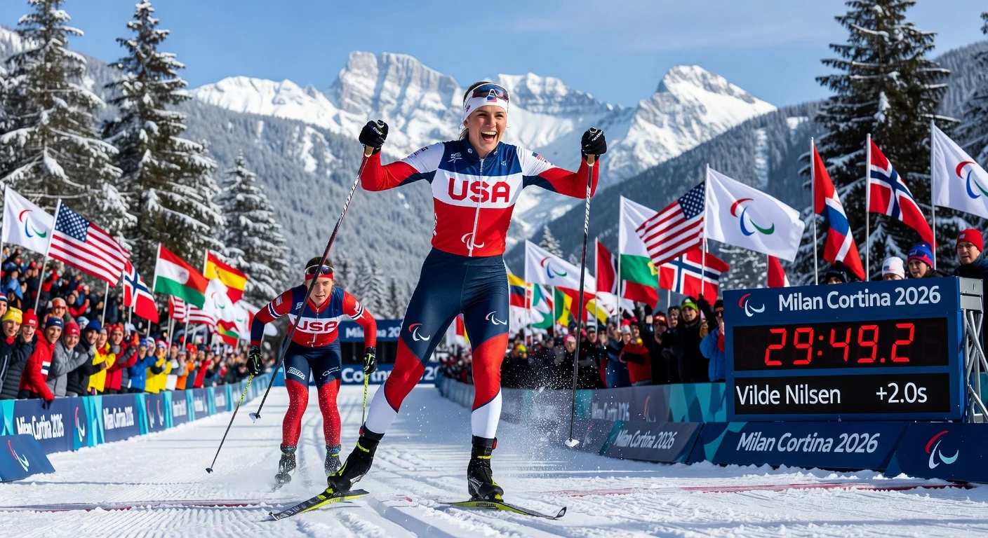 Sydney Peterson crosses the finish line to win her first individual Paralympic gold medal in women's 10km standing cross-country skiing at the Milan Cortina Games.