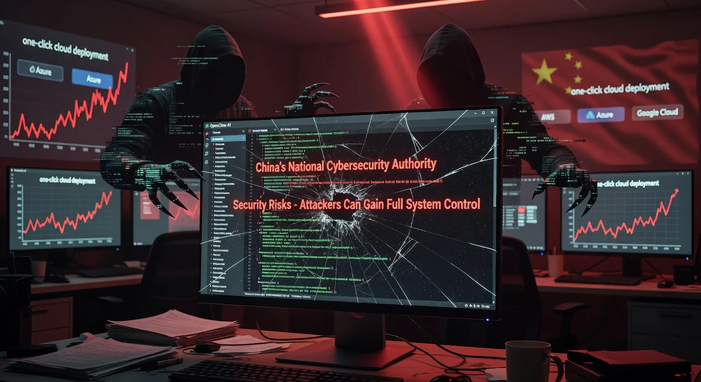 Dramatic illustration of a computer screen showing OpenClaw AI security warning from Chinese cybersecurity agency, with hacker threats and vulnerability symbols.