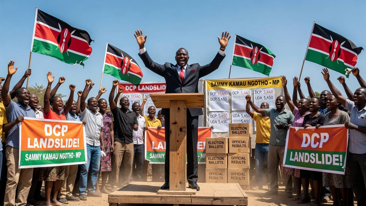 Sammy Kamau Ngotho celebrating his landslide victory in the Ol Kalou by-election for DCP.