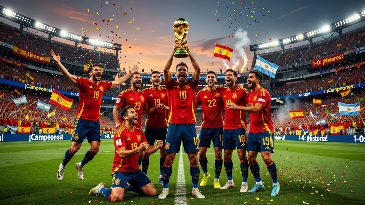 Spanish soccer players celebrating 1-0 World Cup win over Argentina in New Jersey stadium.