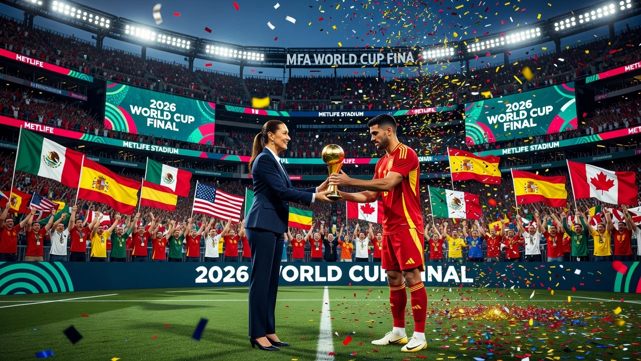Claudia Sheinbaum presenting the Golden Ball to Rodri at the 2026 World Cup final in MetLife Stadium.