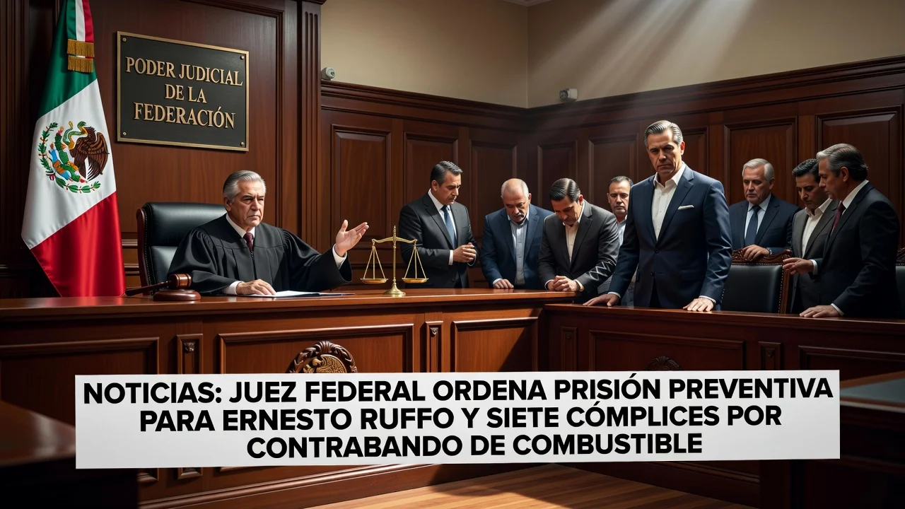 Federal judge ordering preventive prison for former governor Ernesto Ruffo and others in a courtroom over fuel smuggling allegations.
