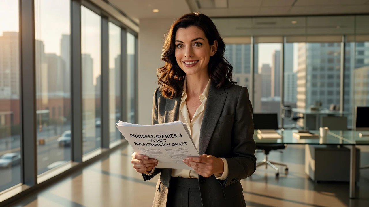 Anne Hathaway smiling while discussing the Princess Diaries 3 script breakthrough in an office setting