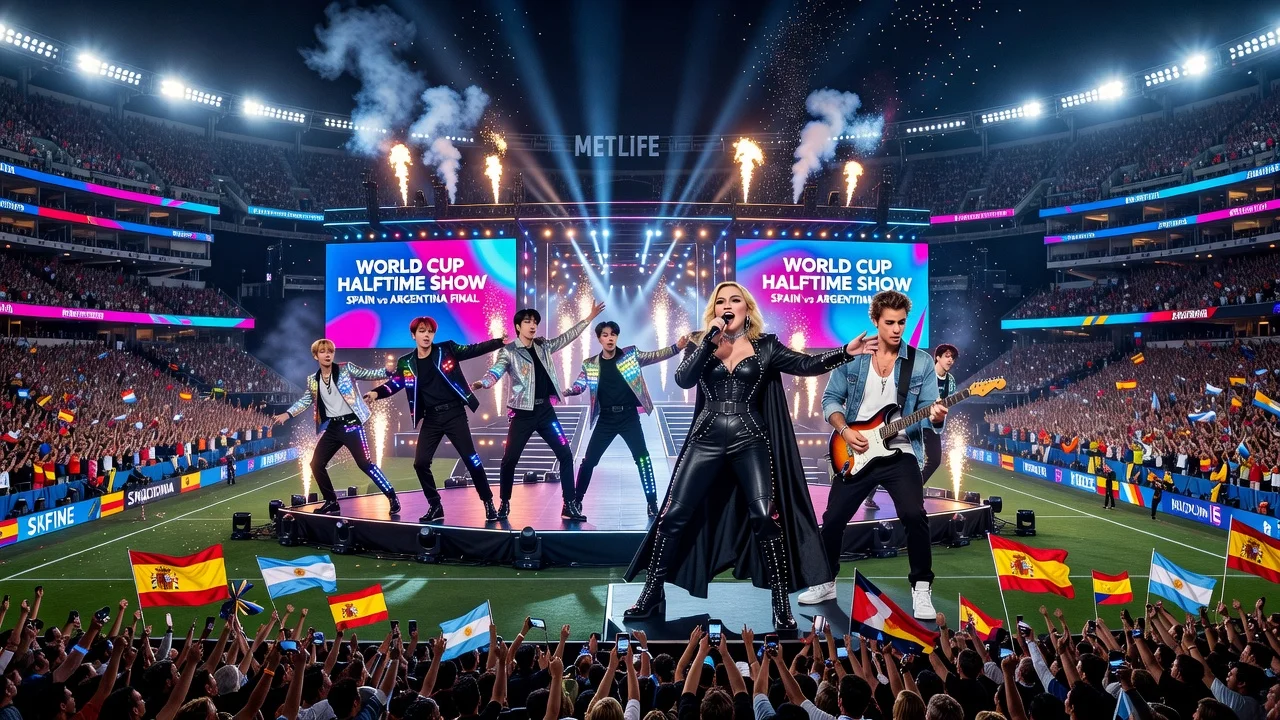 Madonna, BTS, and Justin Bieber performing at the World Cup halftime show at MetLife Stadium.