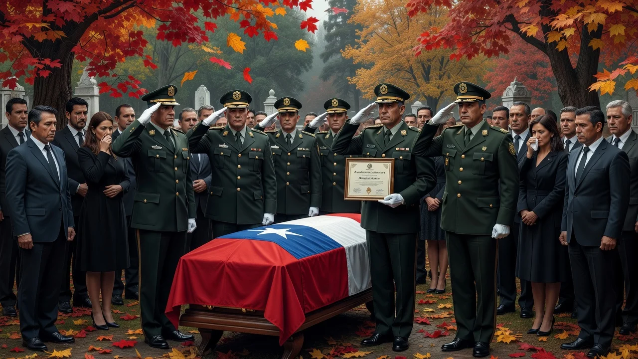 General Director Marcelo Araya promoting fallen officer Marcos Cosme posthumously during his funeral in Temuco, with saluting police and mourners.