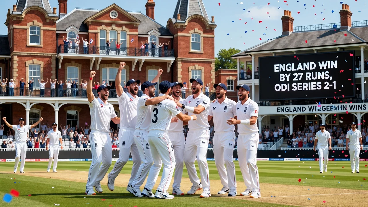 England's cricket team celebrating their series win against India at Lord's