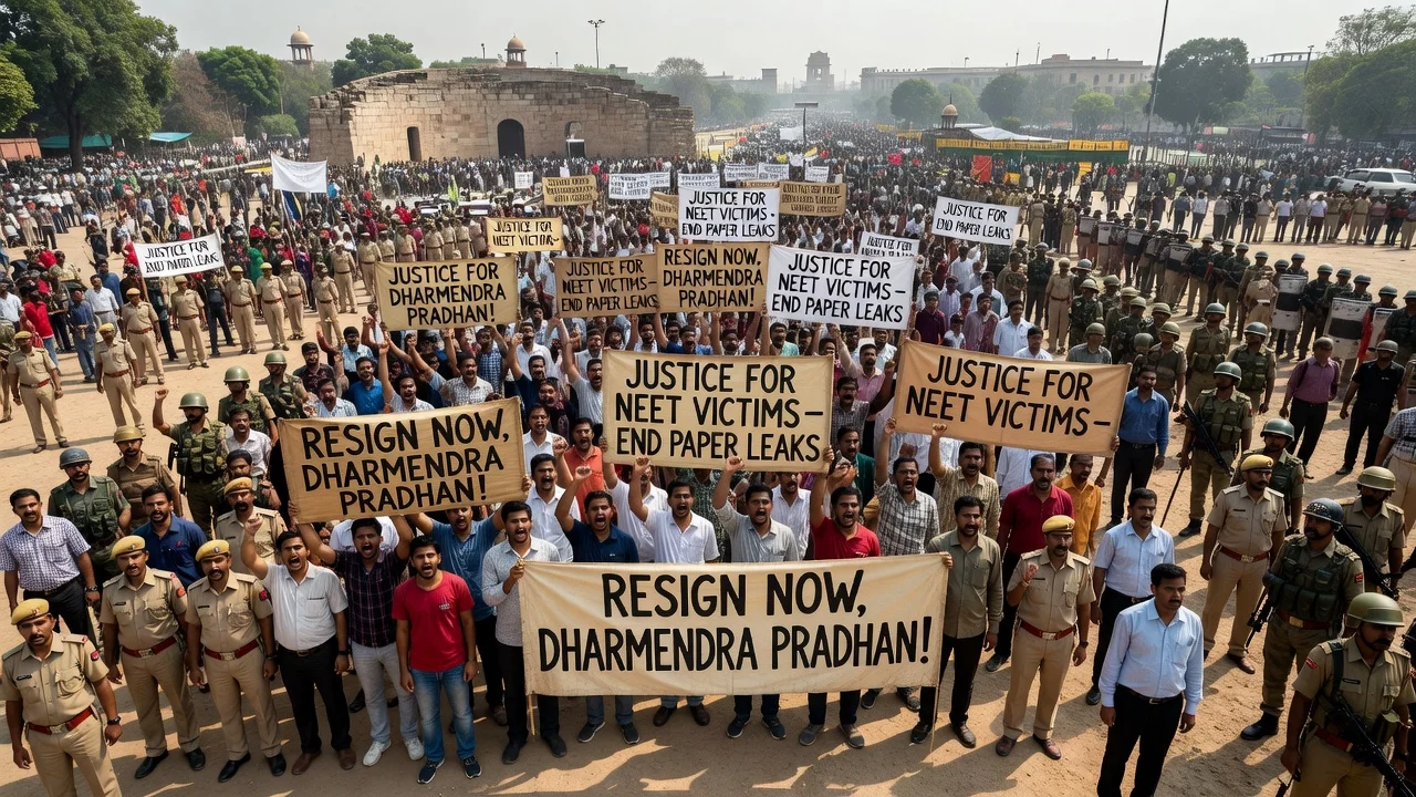 Large crowd of protesters with banners at Jantar Mantar in Delhi amid heightened security.