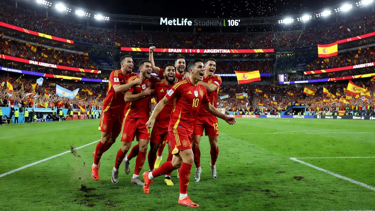 Spain celebrates their 1-0 extra-time victory over Argentina in the 2026 World Cup final at MetLife Stadium.