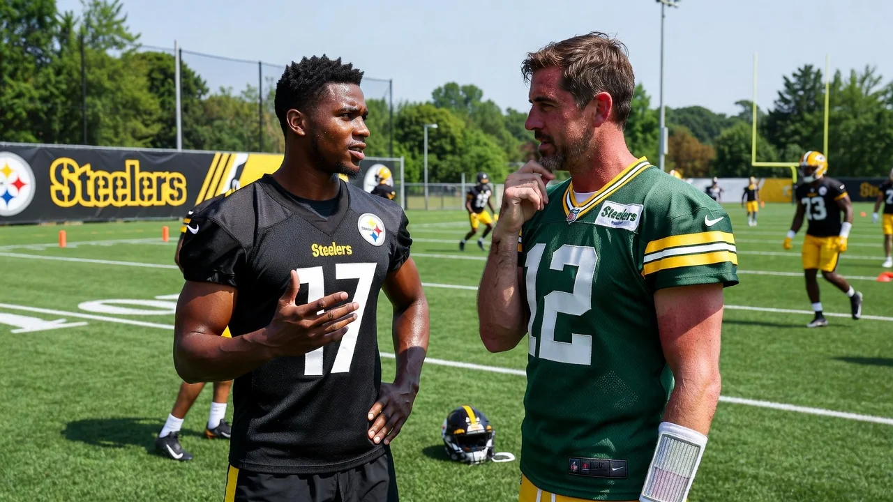 Rookie Germie Bernard in Steelers jersey discussing with Aaron Rodgers on the field