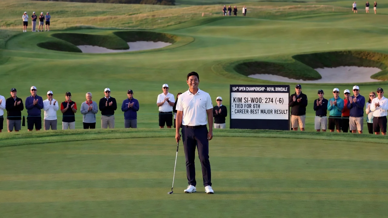 Kim Si-woo celebrating his tied sixth-place finish at the Open Championship on the green at Royal Birkdale.