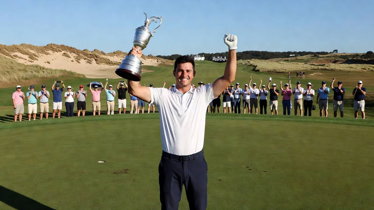 Ryan Fox celebrating his 2026 Open Championship win at Royal Birkdale with the trophy.
