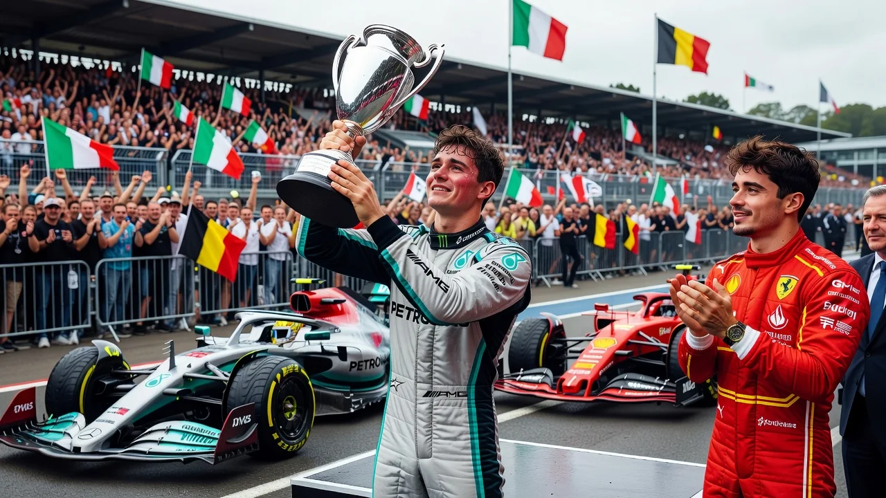 Kimi Antonelli celebrating his Belgian Grand Prix win on the podium while dedicating the victory to his father