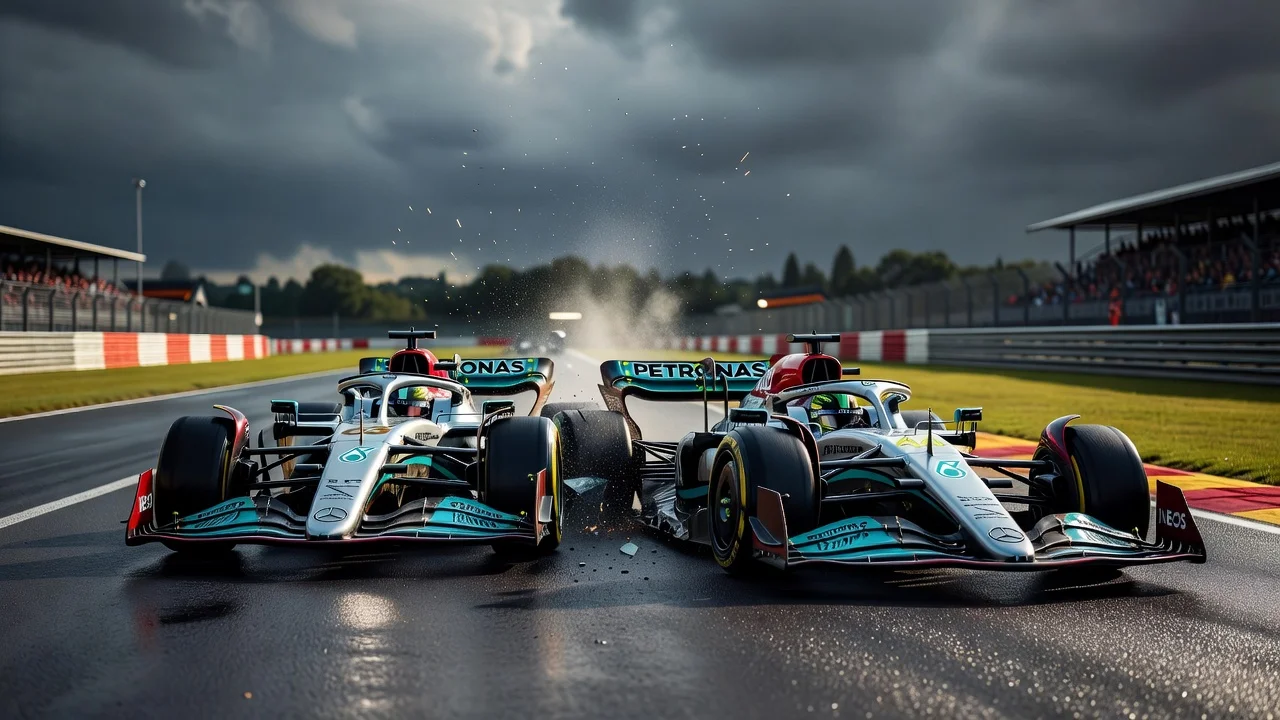 Illustration of Mercedes F1 cars facing battery problems at the Belgian Grand Prix, showing Russell and Hamilton's incident.