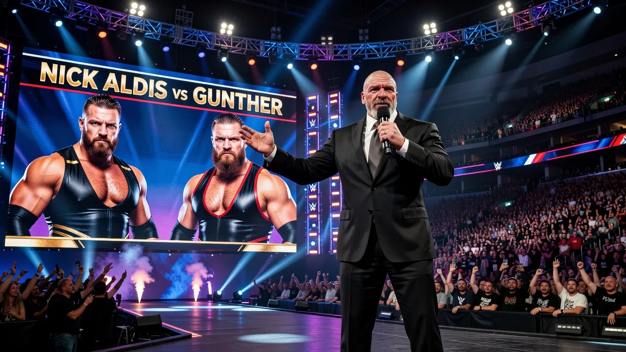 Triple H announcing the match between Nick Aldis and GUNTHER for SummerSlam on a wrestling event stage.