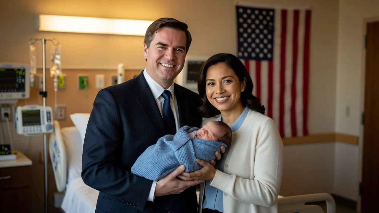Vice President JD Vance and Usha Vance holding their newborn son Alec Neel Vance in a hospital setting.