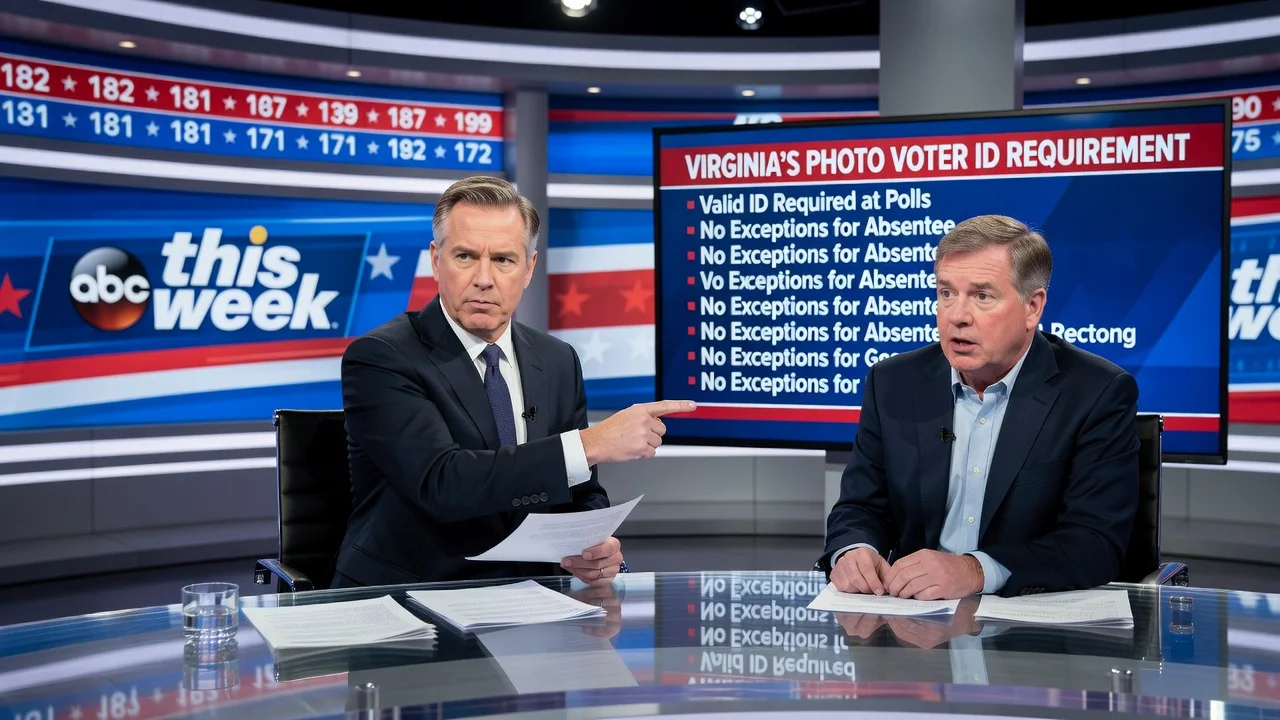 Illustration of Sen. Mark Warner corrected by Jonathan Karl on ABC This Week regarding Virginia voter ID rules.